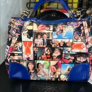 Colorful Collage Handbag with Blue Accents